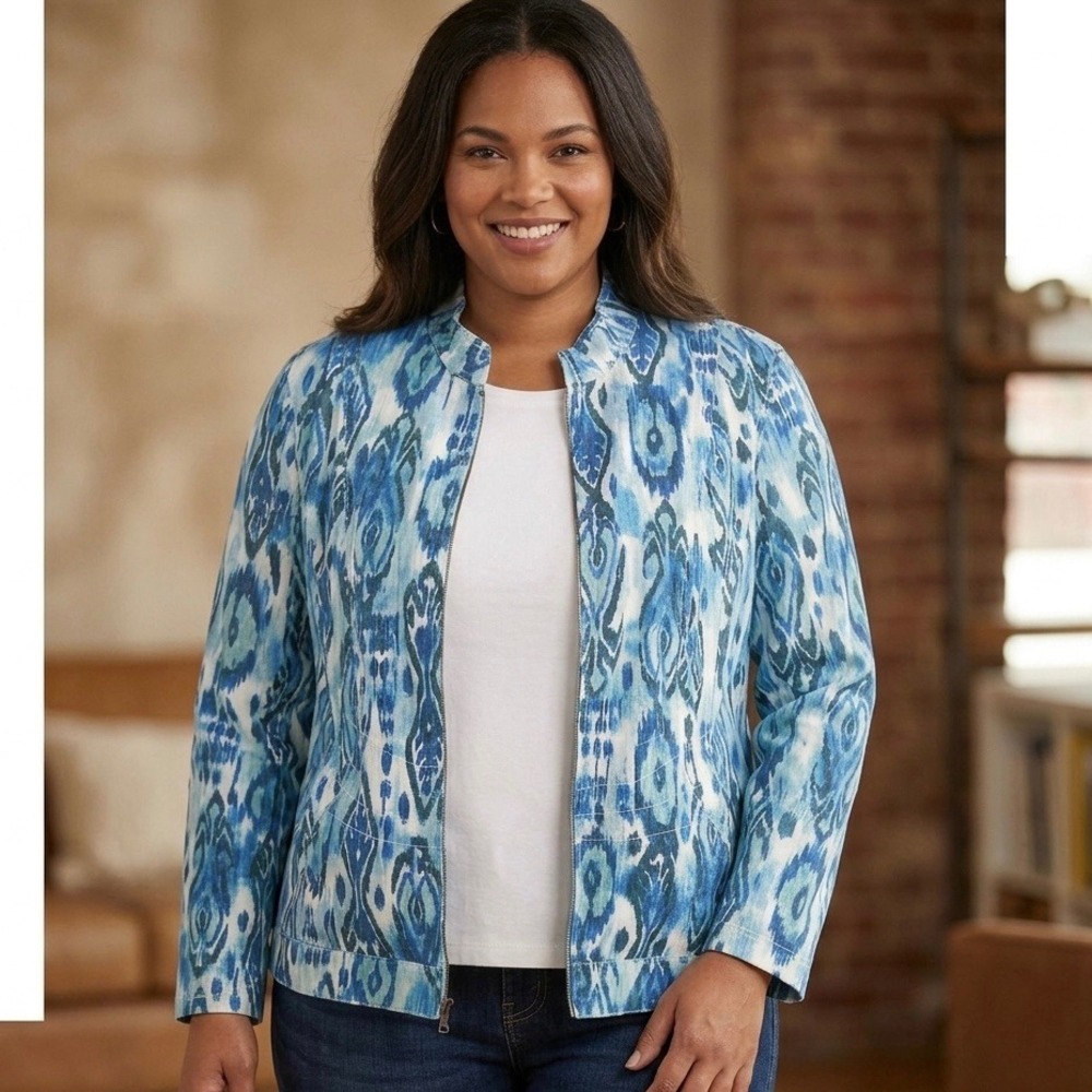 Chicos Blue Ikat Print Linen Blend Zip Front Mock Neck Jacket Women Size 2 Large